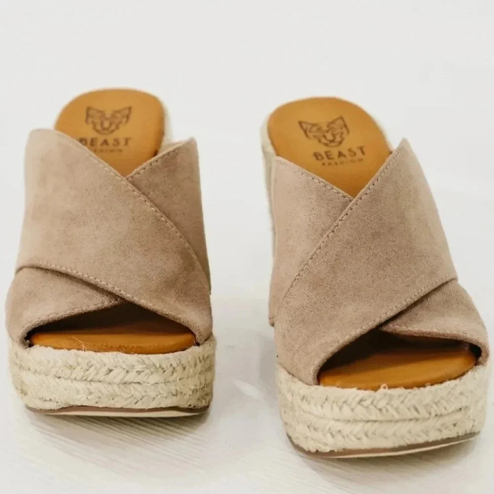 Beast Espadrille Platform Crisscross Strap Slip On Wedge Heel Jute Suede New